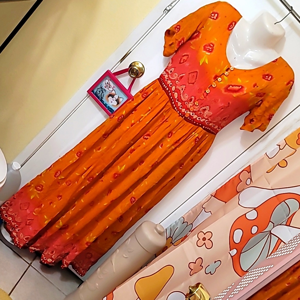 Vintage Maxi Dress corset back tie small orange pink rayon hippie floral vacay